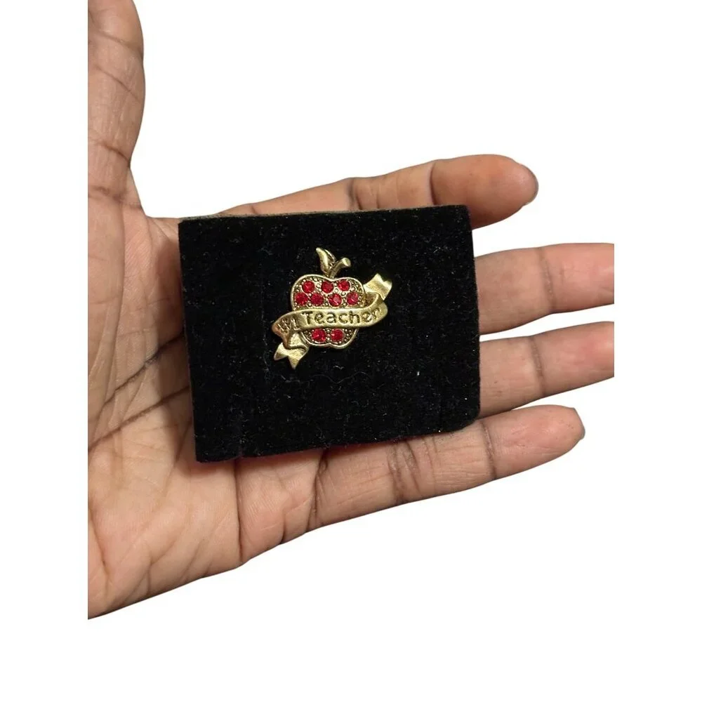 Avon Apple Brooch Gold Tone With Red Rhinestones Gift For Educators #1 Teacher - Picture 2 of 8